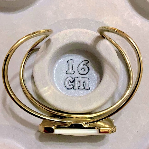 Goldtone Hammered Open Cuff Bangle Bracelet with MOP Center Accent - Picture 7 of 8